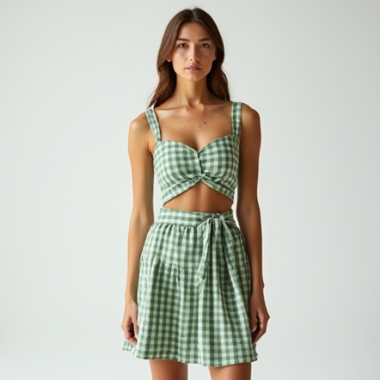 Sage Green Gingham Square Neck Wrap Front Skirt