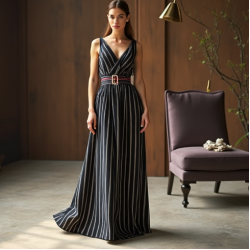 Retro Striped Belted Evening Gown