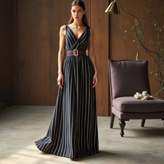 Retro Striped Belted Evening Gown