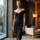 Midnight Black Abstract Print Off-Shoulder Bodycon Dress