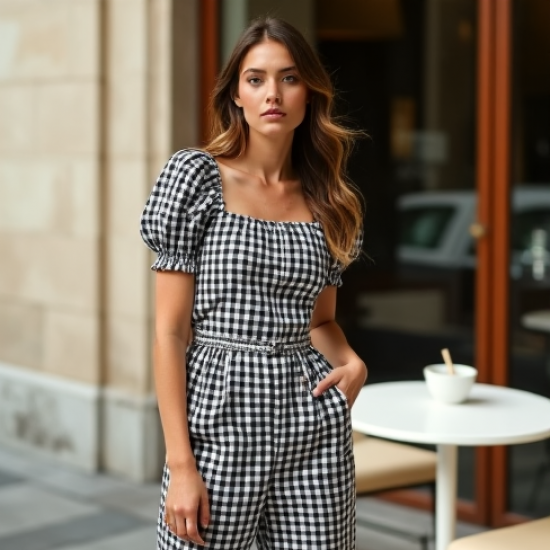 French Style Gingham Puff Sleeve High-Waisted Trousers
