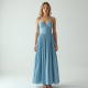 Sky Blue Linen Blend Corset Waist Pleated Maxi Skirt