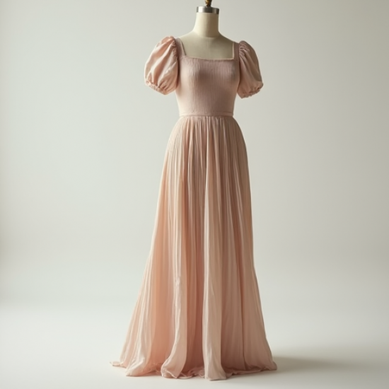 French Style Puff Sleeve Square Neck Pleated Maxi Skirt