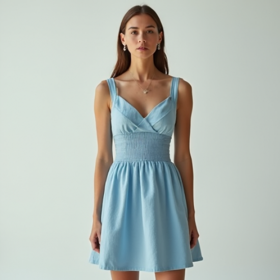 Sky Blue Linen Blend Corset Waist Tea Dress