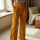 Mustard Yellow Ribbed Knit Belted Pleated Slacks