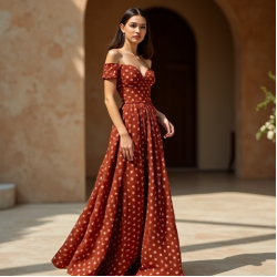 Terracotta Polka Dot Off-Shoulder Evening Gown