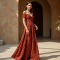 Terracotta Polka Dot Off-Shoulder Evening Gown