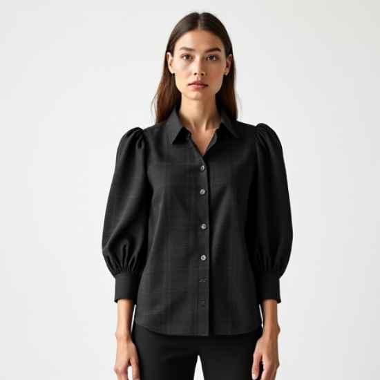 Midnight Black Plaid Puff Sleeve Blouse