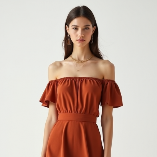 Terracotta Solid Color Off-Shoulder Midi Dress