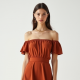 Terracotta Solid Color Off-Shoulder Midi Dress