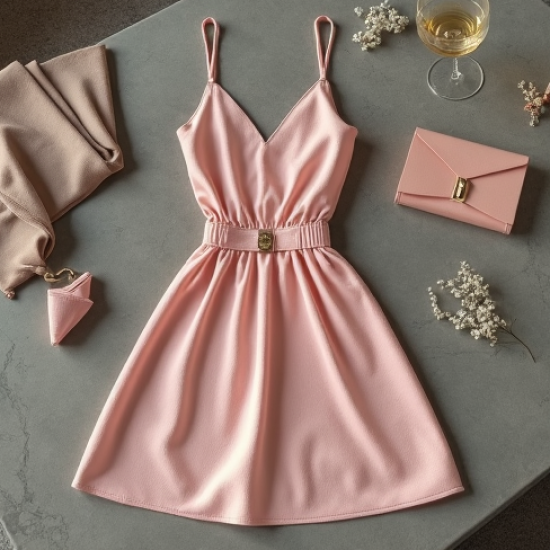 Pastel Pink Jacquard Belted Slip Dress