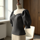 Charcoal Houndstooth Off-Shoulder Puff Sleeve Top