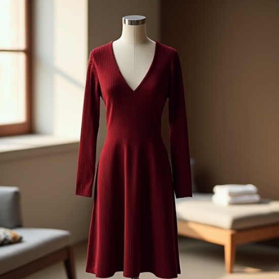 Burgundy Ribbed Knit V-Neck Babydoll Dress