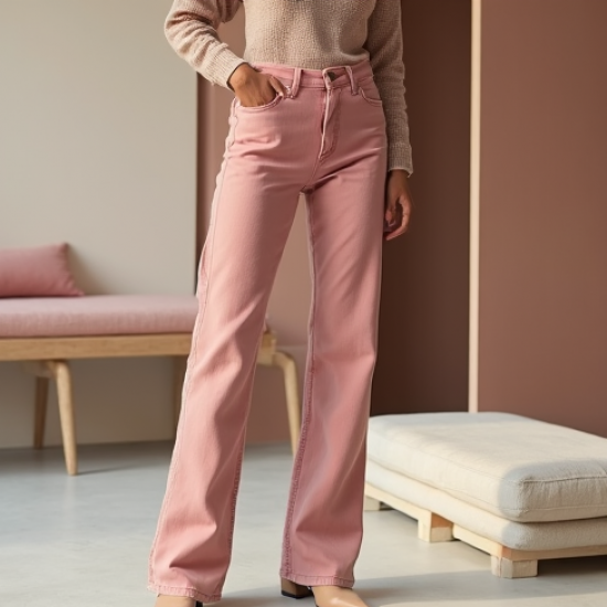 Pastel Pink Tiered Velvet Straight Jeans