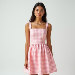 Pastel Pink Gingham Square Neck Cocktail Dress