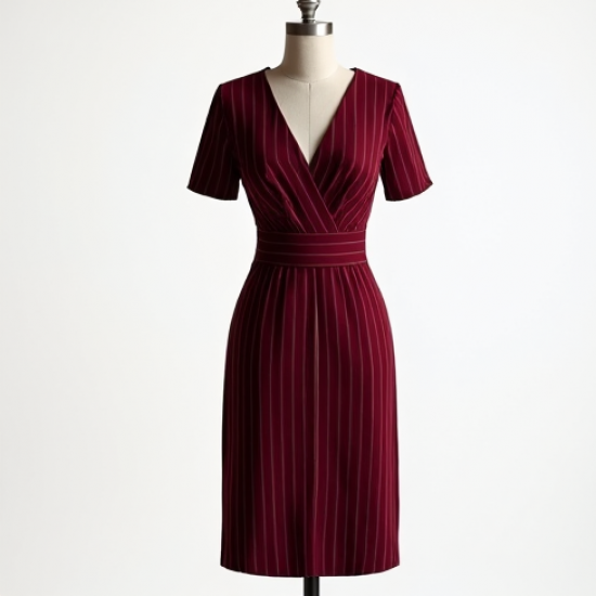 Burgundy Striped V-Neck Cocktail Dress