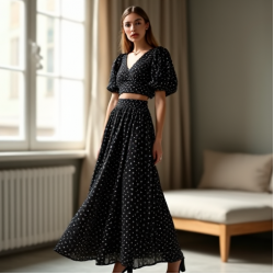 Midnight Black Polka Dot Puff Sleeve Pleated Maxi Skirt