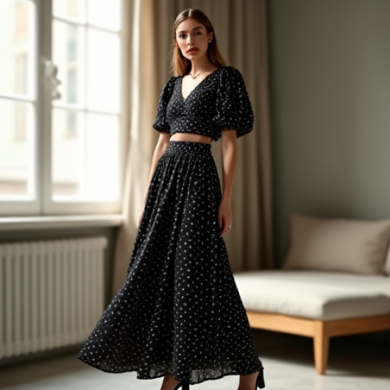 Midnight Black Polka Dot Puff Sleeve Pleated Maxi Skirt