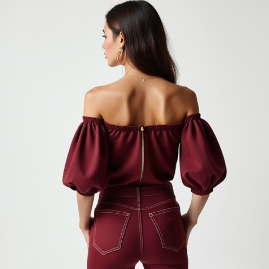 Burgundy Off-Shoulder Denim Puff Sleeve Top