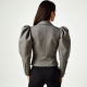 French Style Gingham Puff Sleeve Biker Jacket
