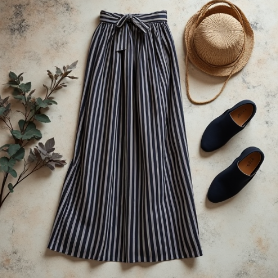 Retro Striped Belted Pleated Maxi Skirt