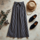 Retro Striped Belted Pleated Maxi Skirt