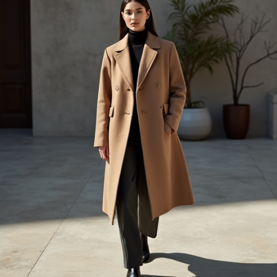 Oatmeal Chiffon Double-Breasted Wool Longline Coat