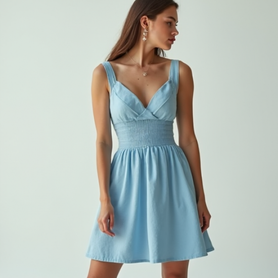 Sky Blue Linen Blend Corset Waist Tea Dress