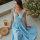 Sky Blue Linen Blend Corset Waist Tea Dress