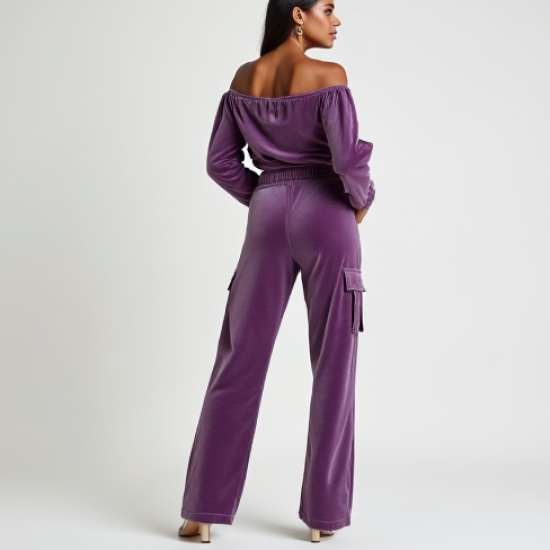 Lavender Off-Shoulder Velvet Cargo Pants