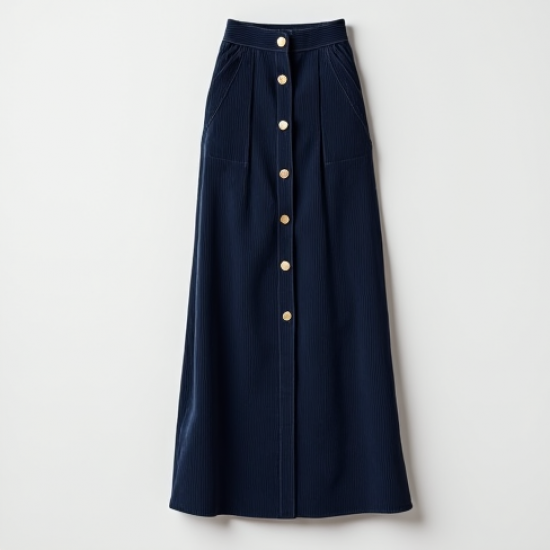 Navy Blue Corduroy Double-Breasted Pleated Maxi Skirt