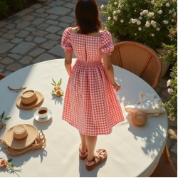 French Style Gingham Puff Sleeve Sundress