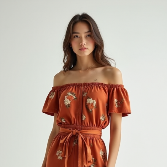 Terracotta Floral Print Off-Shoulder High-Waisted Trousers