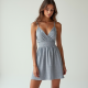 French Style Gingham Puff Sleeve Satin Slip Skirt