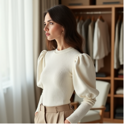 Ivory White Ribbed Knit Puff Sleeve Top