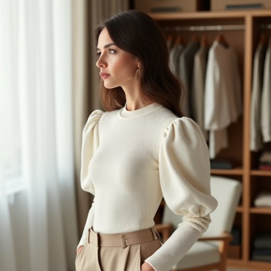 Ivory White Ribbed Knit Puff Sleeve Top