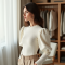 Ivory White Ribbed Knit Puff Sleeve Top