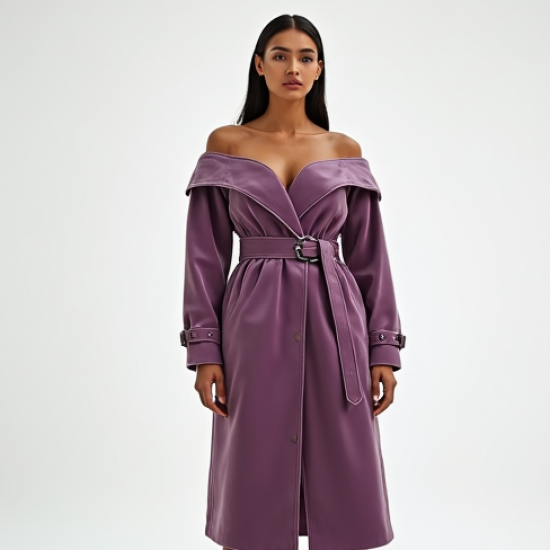 Lavender Off-Shoulder Velvet Trench Coat