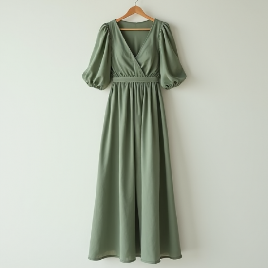 Sage Green Puff Sleeve Chiffon Wrap Dress