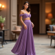 Lavender Off-Shoulder Velvet Pleated Maxi Skirt