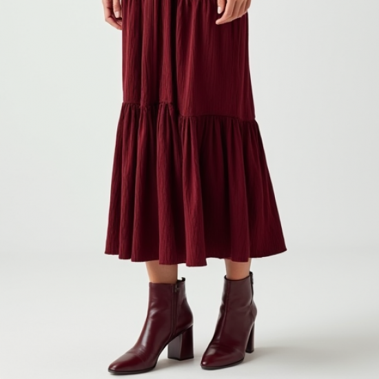 Burgundy Ribbed Knit V-Neck Tiered Boho Skirt
