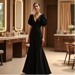 Midnight Black Polka Dot Puff Sleeve Evening Gown