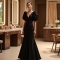 Midnight Black Polka Dot Puff Sleeve Evening Gown