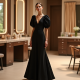 Midnight Black Polka Dot Puff Sleeve Evening Gown