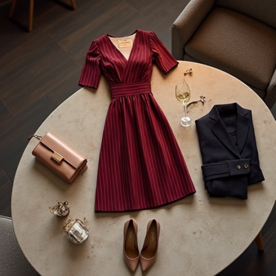 Burgundy Striped V-Neck Cocktail Dress
