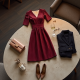 Burgundy Striped V-Neck Cocktail Dress