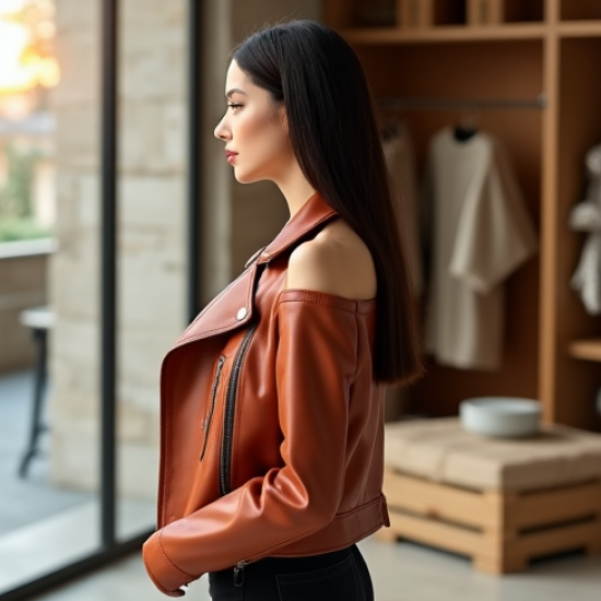 Terracotta Floral Print Off-Shoulder Biker Jacket