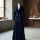 Navy Blue Corduroy Double-Breasted Evening Gown