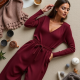 Burgundy Ribbed Knit V-Neck Relaxed Joggers