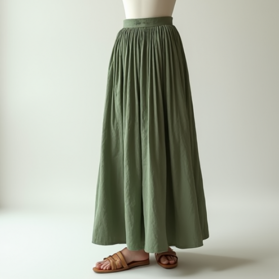 Sage Green Linen Blend V-Neck Pleated Maxi Skirt